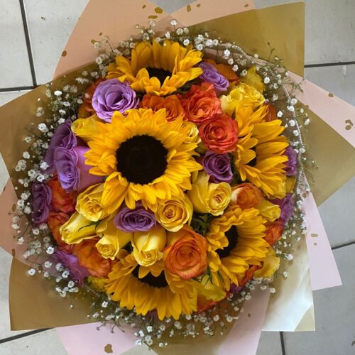 Ramo de Girasoles, Rosas Naranja y Lila